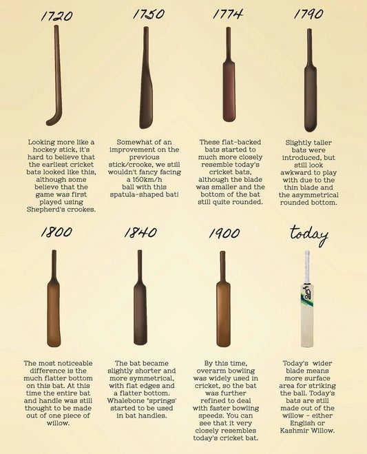 A cricket bat with a distinctive design, featuring a long handle and flat blade with a V-shaped ridge. The bat is a symbol of the rich history and evolution of the sport of cricket.