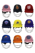 Load image into Gallery viewer, Black Ash custom IPL adjustable helmet, adorned with the logos of IPL teams like Kolkata Knight Riders and Mumbai Indians, featuring a high impact polypropylene shell, chrome finish steel grill with 8 micro adjustments, sweat-absorbent padding, adjustable to fit 52-58 cm, with nape dial adjuster and soft ear protection for optimal fit and protection.