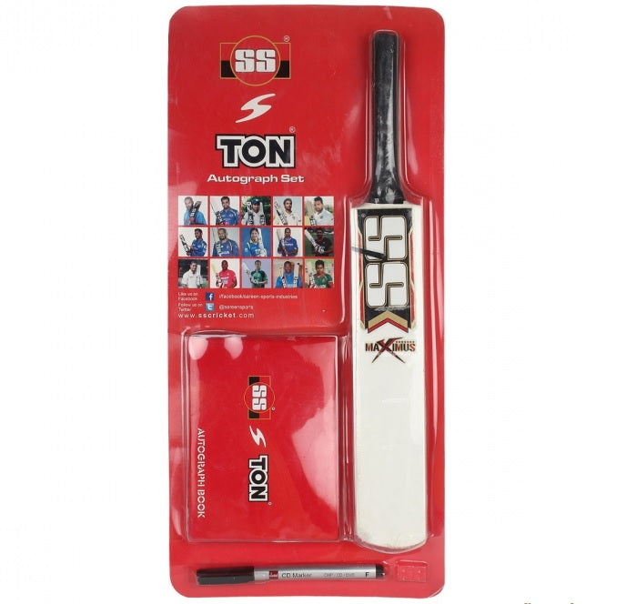SS Autograph kit containing a mini bat, an autograph book, and a pen, designed for cricket fans and players to collect signatures and memories.
