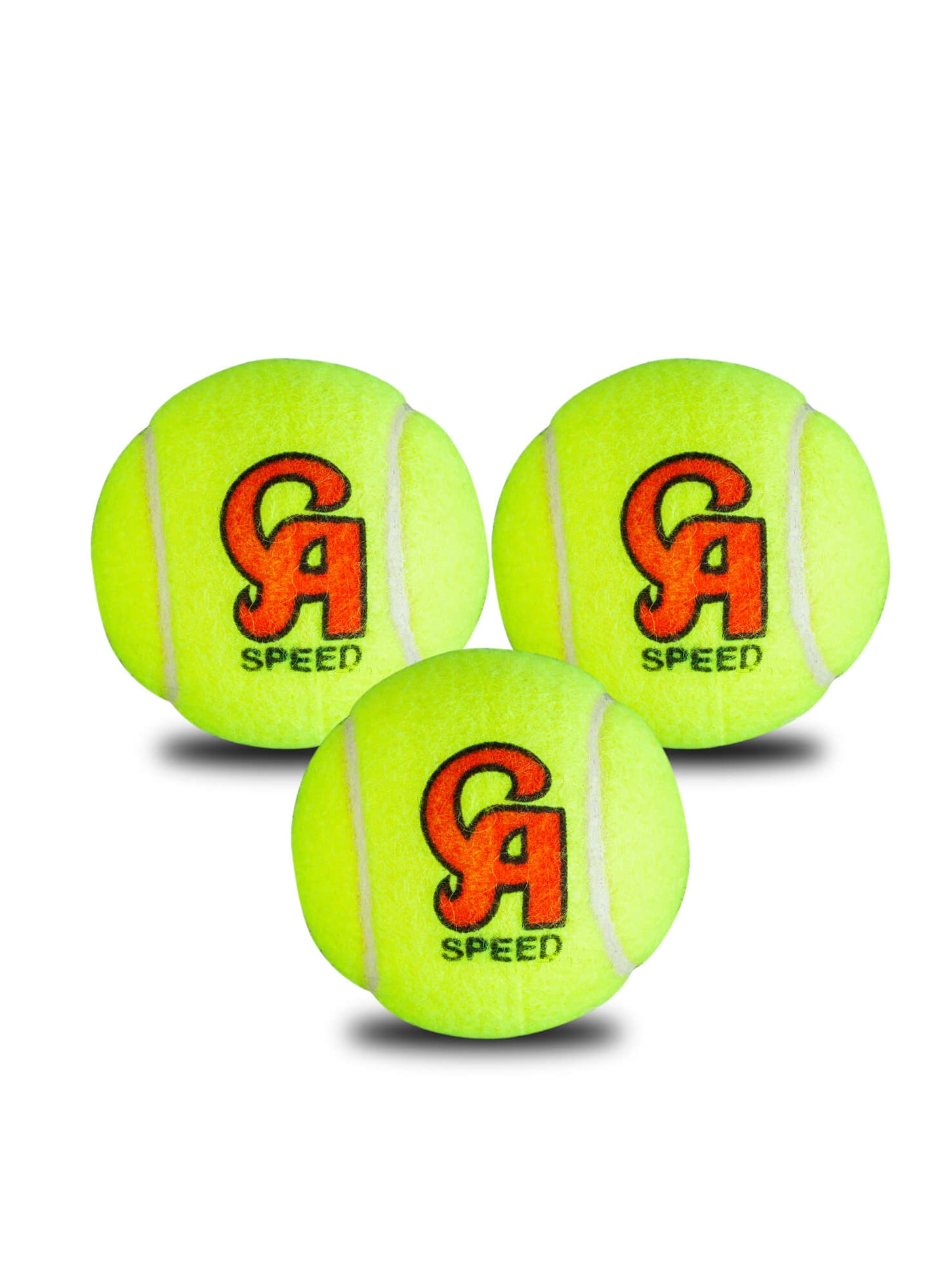 CA Speed Cricket Tennis Balls, a pack of three, designed for zealous and fast-paced softball cricket. Featuring American outer felt for even response and perfect bounce on all surfaces, suitable for taping, and marked with dense CA branding for identity. These balls offer the ideal size and weight for a softball game, ensuring long-lasting performance.