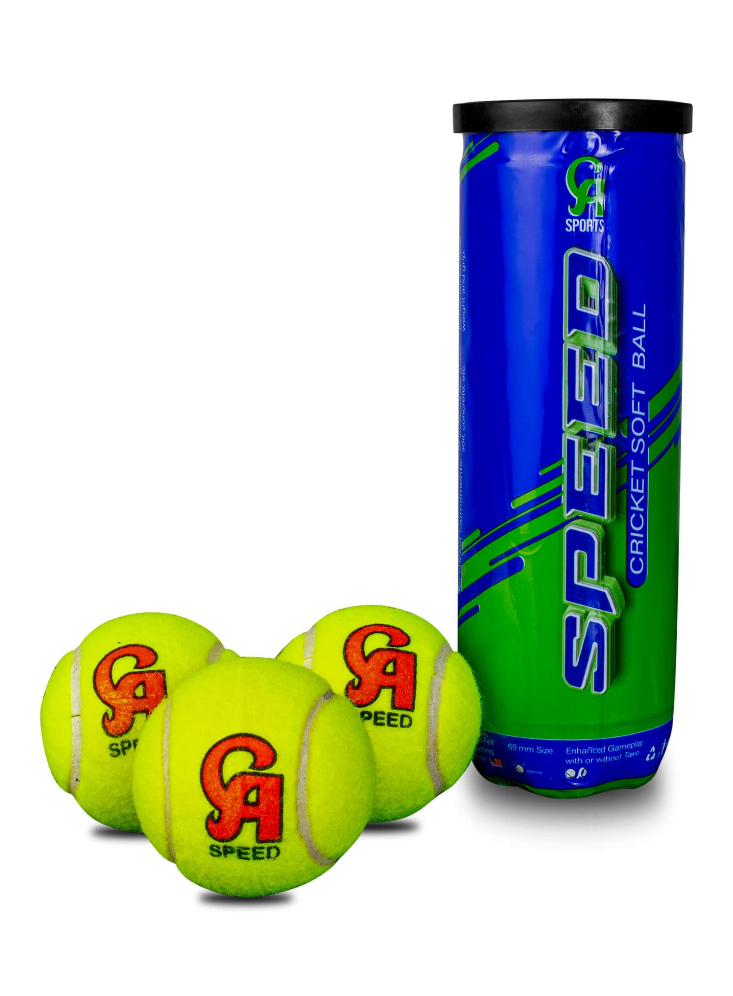 CA Speed Cricket Tennis Balls, a pack of three, designed for zealous and fast-paced softball cricket. Featuring American outer felt for even response and perfect bounce on all surfaces, suitable for taping, and marked with dense CA branding for identity. These balls offer the ideal size and weight for a softball game, ensuring long-lasting performance.