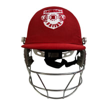 Load image into Gallery viewer, Black Ash custom IPL adjustable helmet, adorned with the logos of IPL teams like Kolkata Knight Riders and Mumbai Indians, featuring a high impact polypropylene shell, chrome finish steel grill with 8 micro adjustments, sweat-absorbent padding, adjustable to fit 52-58 cm, with nape dial adjuster and soft ear protection for optimal fit and protection.