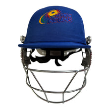 Load image into Gallery viewer, Black Ash custom IPL adjustable helmet, adorned with the logos of IPL teams like Kolkata Knight Riders and Mumbai Indians, featuring a high impact polypropylene shell, chrome finish steel grill with 8 micro adjustments, sweat-absorbent padding, adjustable to fit 52-58 cm, with nape dial adjuster and soft ear protection for optimal fit and protection.