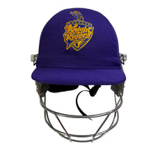 Load image into Gallery viewer, Black Ash custom IPL adjustable helmet, adorned with the logos of IPL teams like Kolkata Knight Riders and Mumbai Indians, featuring a high impact polypropylene shell, chrome finish steel grill with 8 micro adjustments, sweat-absorbent padding, adjustable to fit 52-58 cm, with nape dial adjuster and soft ear protection for optimal fit and protection.