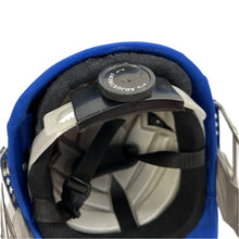 Load image into Gallery viewer, Black Ash custom IPL adjustable helmet, adorned with the logos of IPL teams like Kolkata Knight Riders and Mumbai Indians, featuring a high impact polypropylene shell, chrome finish steel grill with 8 micro adjustments, sweat-absorbent padding, adjustable to fit 52-58 cm, with nape dial adjuster and soft ear protection for optimal fit and protection.