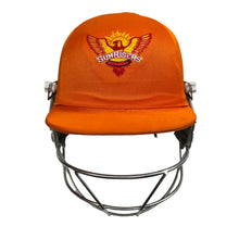 Load image into Gallery viewer, Black Ash custom IPL adjustable helmet, adorned with the logos of IPL teams like Kolkata Knight Riders and Mumbai Indians, featuring a high impact polypropylene shell, chrome finish steel grill with 8 micro adjustments, sweat-absorbent padding, adjustable to fit 52-58 cm, with nape dial adjuster and soft ear protection for optimal fit and protection.