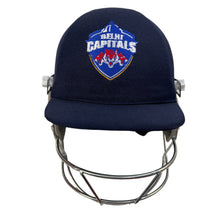 Load image into Gallery viewer, Black Ash custom IPL adjustable helmet, adorned with the logos of IPL teams like Kolkata Knight Riders and Mumbai Indians, featuring a high impact polypropylene shell, chrome finish steel grill with 8 micro adjustments, sweat-absorbent padding, adjustable to fit 52-58 cm, with nape dial adjuster and soft ear protection for optimal fit and protection.