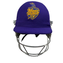 Load image into Gallery viewer, Black Ash custom IPL adjustable helmet, adorned with the logos of IPL teams like Kolkata Knight Riders and Mumbai Indians, featuring a high impact polypropylene shell, chrome finish steel grill with 8 micro adjustments, sweat-absorbent padding, adjustable to fit 52-58 cm, with nape dial adjuster and soft ear protection for optimal fit and protection.