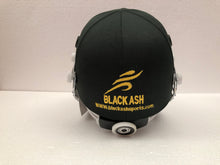 Load image into Gallery viewer, Black Ash custom International adjustable helmet, featuring a high impact polypropylene shell and chrome finish steel grill with 8 micro adjustments for enhanced protection and visibility, sweat-absorbent padding, and soft ear protection, adjustable to fit sizes 52-58 cm.