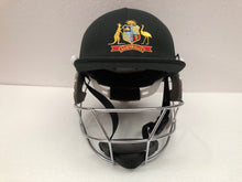 Load image into Gallery viewer, Black Ash custom International adjustable helmet, featuring a high impact polypropylene shell and chrome finish steel grill with 8 micro adjustments for enhanced protection and visibility, sweat-absorbent padding, and soft ear protection, adjustable to fit sizes 52-58 cm.