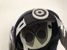 Load image into Gallery viewer, Black Ash custom International adjustable helmet, featuring a high impact polypropylene shell and chrome finish steel grill with 8 micro adjustments for enhanced protection and visibility, sweat-absorbent padding, and soft ear protection, adjustable to fit sizes 52-58 cm.