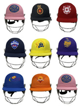Load image into Gallery viewer, Black Ash custom IPL adjustable helmet, adorned with the logos of IPL teams like Kolkata Knight Riders and Mumbai Indians, featuring a high impact polypropylene shell, chrome finish steel grill with 8 micro adjustments, sweat-absorbent padding, adjustable to fit 52-58 cm, with nape dial adjuster and soft ear protection for optimal fit and protection.