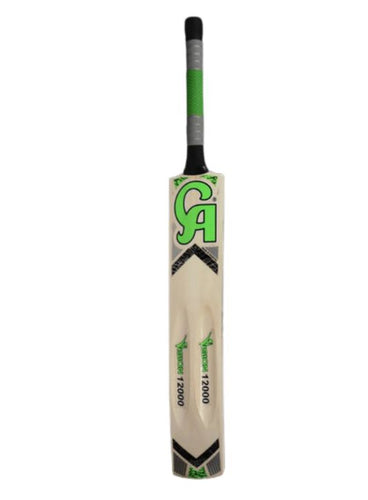 CA Vision 12000 tennis ball cricket bat in natural classic, crafted from Poplar wood, featuring a full cane handle with rubber sheets, thick edges for a lightweight feel, perfect for tournament play, and a double-colored grip.