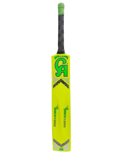 CA Vision 12000 tennis ball cricket bat in lime green, made of Poplar wood with full cane handle and thick edges for lightweight handling, ideal for tape ball cricket tournaments with a double-colored grip.