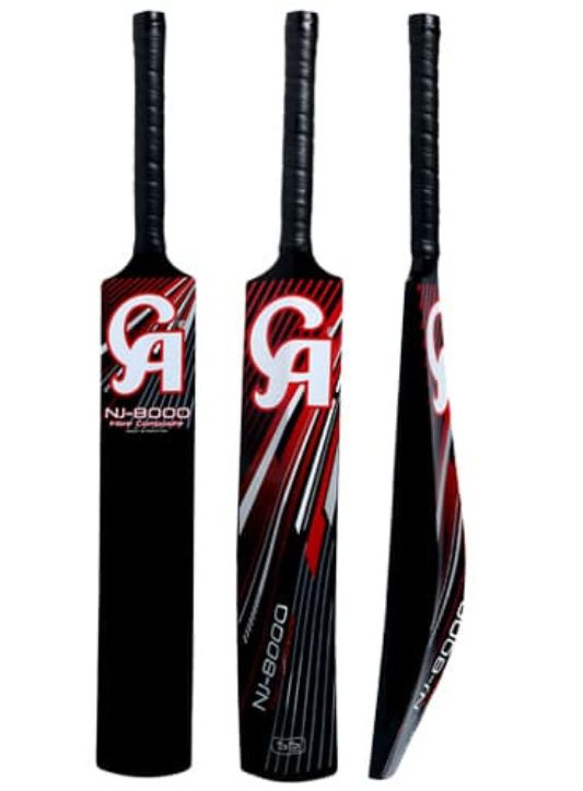 CA NJ-8000 cricket bat for tape ball games, featuring a 55mm sweet spot, made of Fiber Composite for durability and performance in tape ball cricket.