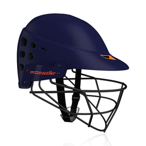 Moonwalkr MIND Helmet, the world's coolest and first cricket helmet with 30 air vents for superior airflow, designed to protect against impacts up to 160 kmph with an aerodynamic structure, including an in-built lower head protector and high-carbon steel grille for maximum impact resistance, visibility, and comfort.