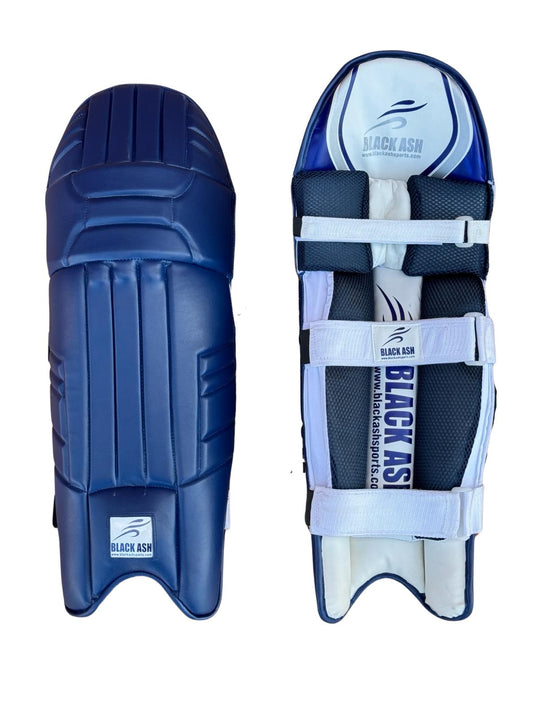 Black Ash Signature Batting Pads in Navy Blue, featuring premium quality, lightweight design, ultra-comfortable with 3 Velcro straps, designed for both right and left-handed players, available in various colors.