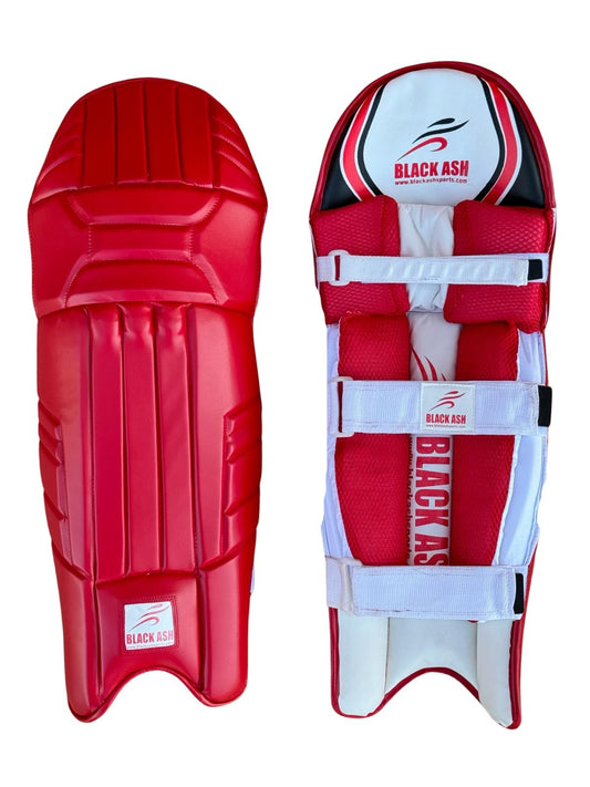 Black Ash Signature Batting Pads in Red, premium quality, lightweight, ultra-comfortable with 3 Velcro straps, available in multiple colors for versatile cricket play.