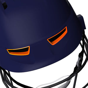Moonwalkr MIND Helmet, the world's coolest and first cricket helmet with 30 air vents for superior airflow, designed to protect against impacts up to 160 kmph with an aerodynamic structure, including an in-built lower head protector and high-carbon steel grille for maximum impact resistance, visibility, and comfort.