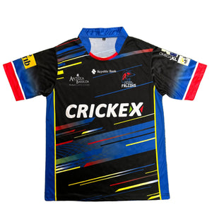 Colorful sports jersey with 'CrickeX' branding on a green background