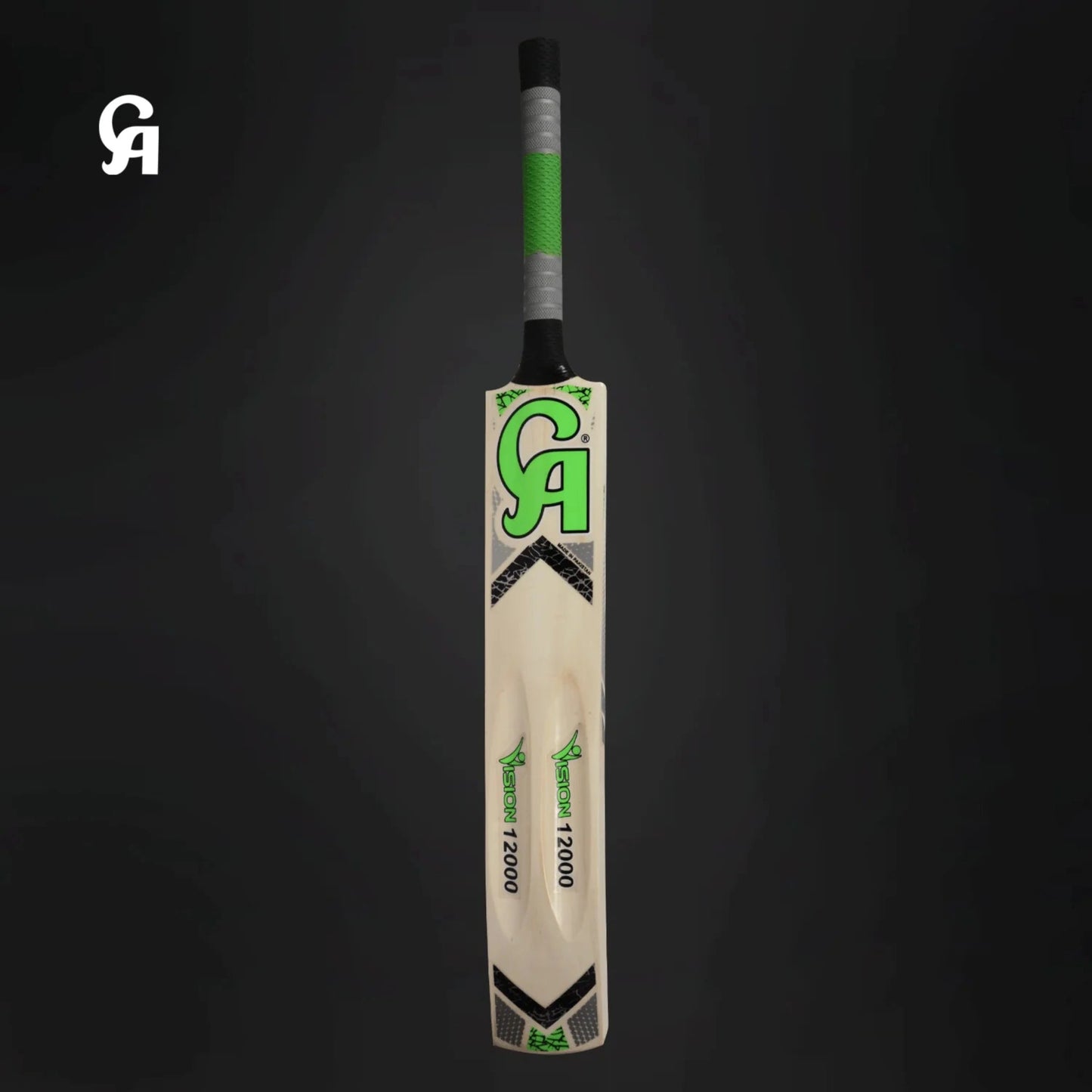 CA Vision 12000 tennis ball cricket bat in natural classic, crafted from Poplar wood, featuring a full cane handle with rubber sheets, thick edges for a lightweight feel, perfect for tournament play, and a double-colored grip.