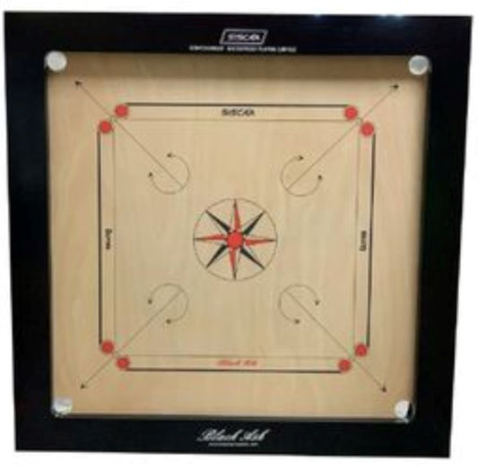 SISCAA Tournament carrom board, made of Indian Birchwood, measures 41x41 inches with a 35x35 inch playing area, 6mm sheet thickness, and includes basic accessory set. Known for fast rebound borders and premium finish.
