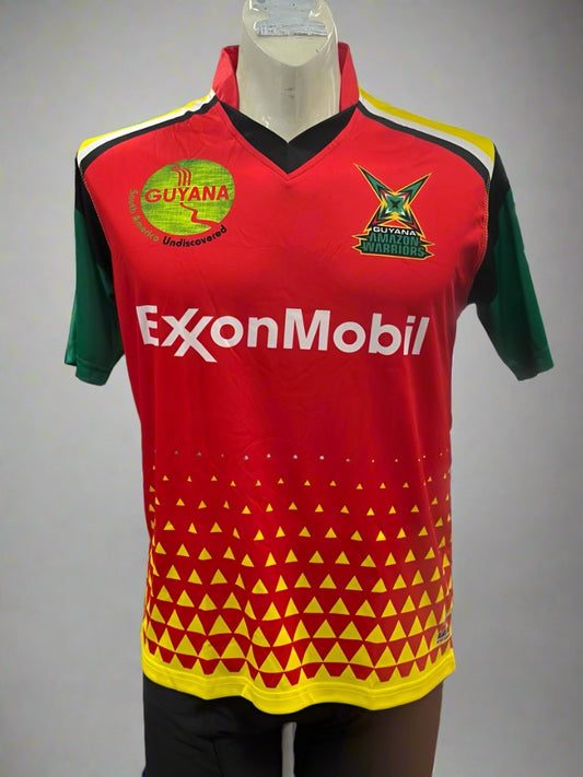 Replica of the 2023 Guyana Amazon Warriors jersey, made with high-quality dri-fit material, featuring North American sizing standards for a true fit. The jersey is designed for fans seeking comfort and style.