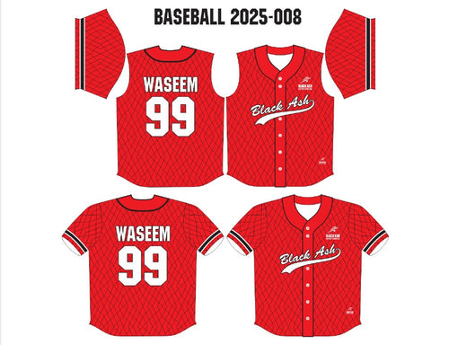 Red baseball jerseys with custom name and number and team name