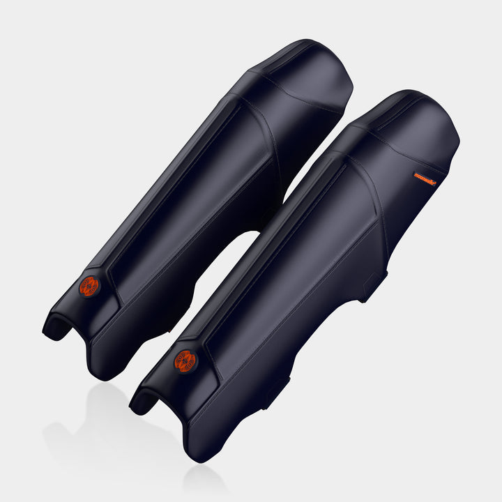 Moonwalkr Leg Guards, slim, light, and strong, made with ballistic proof composite for high-level protection and unrestricted movement, designed for impacts up to 160 Kmph, with new strap material for comfort.