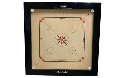 SISCAA Tournament carrom board, made of Indian Birchwood, measures 41x41 inches with a 35x35 inch playing area, 6mm sheet thickness, and includes basic accessory set. Known for fast rebound borders and premium finish.