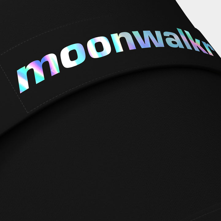 Moonwalkr Thigh Guards in blue and black, offering maximum coverage with a dual guard design for outer and inner thigh protection. Made from ballistic proof, lightweight materials for superior protection and mobility, featuring articulating hip protector for a snug fit, and terry fabric for cushioning and sweat absorption.