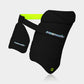 Moonwalkr Thigh Guards in blue and black, offering maximum coverage with a dual guard design for outer and inner thigh protection. Made from ballistic proof, lightweight materials for superior protection and mobility, featuring articulating hip protector for a snug fit, and terry fabric for cushioning and sweat absorption.