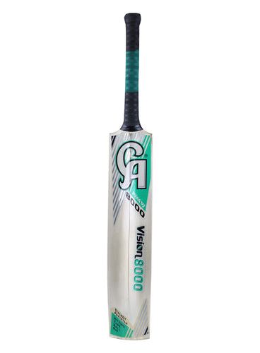 CA Vision 8000 tennis ball cricket bat, designed with Poplar wood and a full cane handle, thick edges, lightweight, suitable for tournaments with a double-colored grip, and Glass Protek technology for durability.