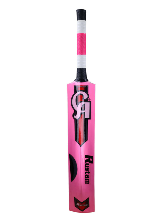 CA Rustam tennis ball cricket bat, named Rustam with an attractive pink outlook, made from popular willow, lightweight with thick edges, and a triple-colored durable grip, ideal for tournaments.