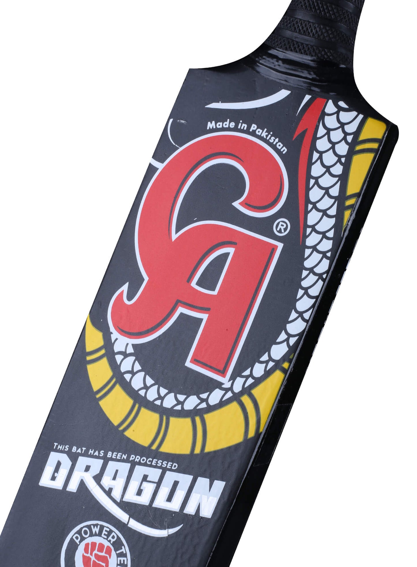 CA Dragon Power-TEK ultra-modern bat, handcrafted from popular willow, designed for heavy hitters with a lightweight aerodynamic shape, double-colored camo grip, and Power-Tek technology.