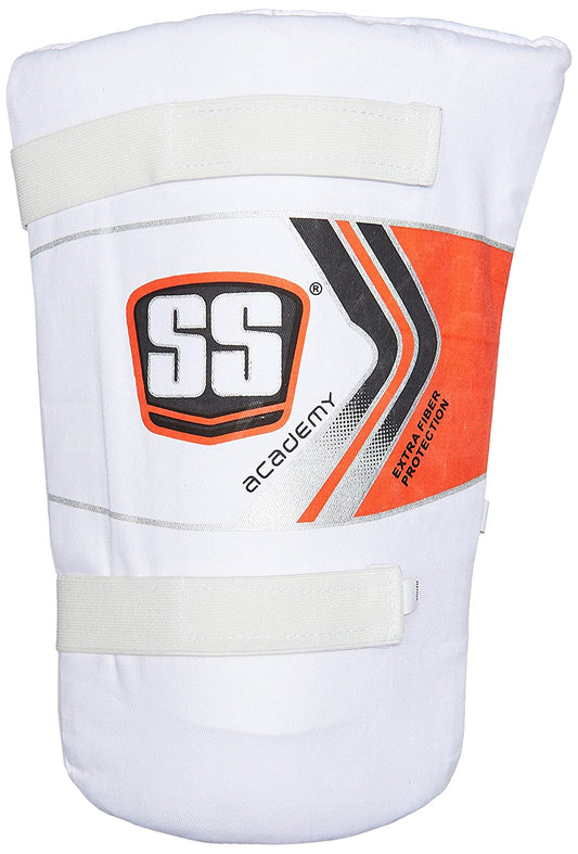 SS Academy thigh pad, traditional design, lightweight with straps for fastening, ensuring secure and comfortable protection for cricketers, comes as a single thigh guard.