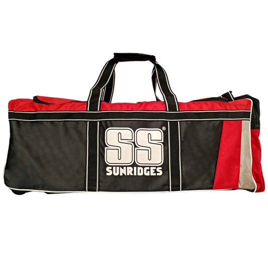 SS Elite Pro cricket kit bag with wheels, designed for easy mobility, made from 1680D material, features one main compartment, one side pocket, silver wire accents, base pad, fabricated grip, and secure zip features.