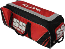 Load image into Gallery viewer, SS Elite Pro cricket kit bag with wheels, designed for easy mobility, made from 1680D material, features one main compartment, one side pocket, silver wire accents, base pad, fabricated grip, and secure zip features.