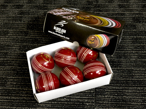 Black Ash Royal Crown pack of 6 white cricket leather balls, premium quality, 156 grams each, 4PC genuine leather, excellent shape retention, suitable for 35 to 40 overs cricket, machine-stitched according to MCC regulations.