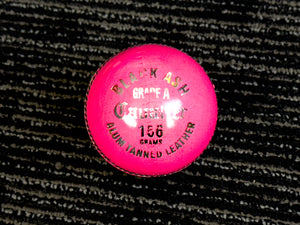Pack of 6 pink cricket balls named 'Black Ash Cavalier,' crafted from premium quality, genuine Australian alum-tanned leather with a 4-piece construction for superior shape retention. These waterproof balls are suitable for 50 overs, conform to MCC regulations, machine-stitched, and each weighs 156 grams (5.5 ounces).