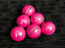 Load image into Gallery viewer, Black Ash Royal Crown pack of 6 pink cricket leather balls, 156 grams each, with genuine leather, 4-piece construction, waterproof, excellent shape retention, suitable for 50 overs cricket, and MCC regulations compliant.