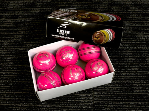 Black Ash Royal Crown pack of 6 pink cricket leather balls, 156 grams each, with genuine leather, 4-piece construction, waterproof, excellent shape retention, suitable for 50 overs cricket, and MCC regulations compliant.