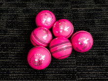 Load image into Gallery viewer, Black Ash Premium grade pack of 6 pink cricket leather balls, each 156 grams, made of genuine leather with 4-piece construction, excellent shape retention, suitable for 30 to 35 overs, and meeting MCC regulations.