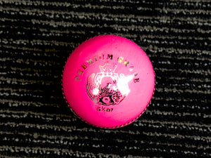 Black Ash Premium grade pack of 6 pink cricket leather balls, each 156 grams, made of genuine leather with 4-piece construction, excellent shape retention, suitable for 30 to 35 overs, and meeting MCC regulations.