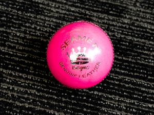 Pack of 6 pink Black Ash Seamer cricket leather balls, premium quality, 156 grams each, suitable for practice and T20 cricket, featuring 4-piece construction and excellent shape retention, machine stitched according to MCC regulations.