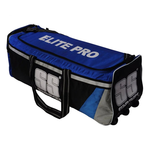 SS Elite Pro cricket kit bag with wheels, designed for easy mobility, made from 1680D material, features one main compartment, one side pocket, silver wire accents, base pad, fabricated grip, and secure zip features.
