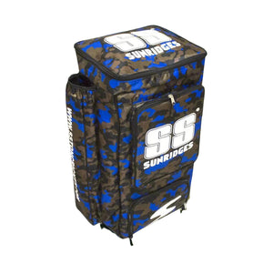 SS Camo cricket kit duffle bag in camo print, featuring full premium padding, one main compartment, two external bat sleeves, one large external front pocket, one shoe compartment, and extra waist belt for professional cricketers.