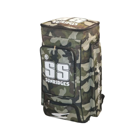 SS Camo cricket kit duffle bag in camo print, featuring full premium padding, one main compartment, two external bat sleeves, one large external front pocket, one shoe compartment, and extra waist belt for professional cricketers.