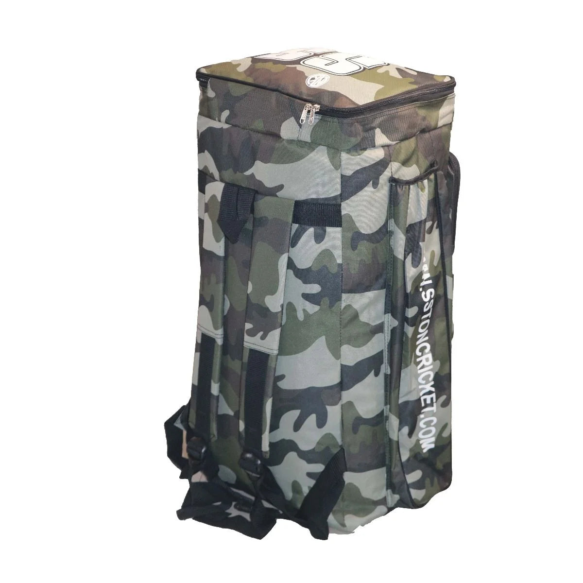 SS Camo cricket kit duffle bag in camo print, featuring full premium padding, one main compartment, two external bat sleeves, one large external front pocket, one shoe compartment, and extra waist belt for professional cricketers.