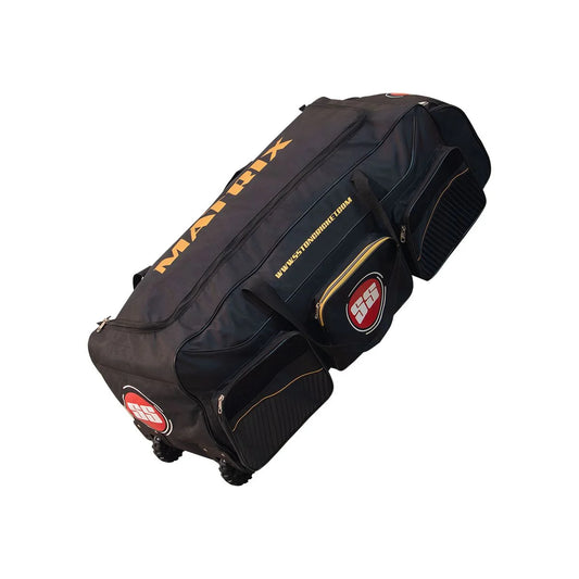 Black and orange SS Matrix cricket kit bag with wheels, 600D fabric, full premium padding, expandable main compartment, external padded bat compartment, two large front pockets, and extra heavy base for enhanced ground clearance.